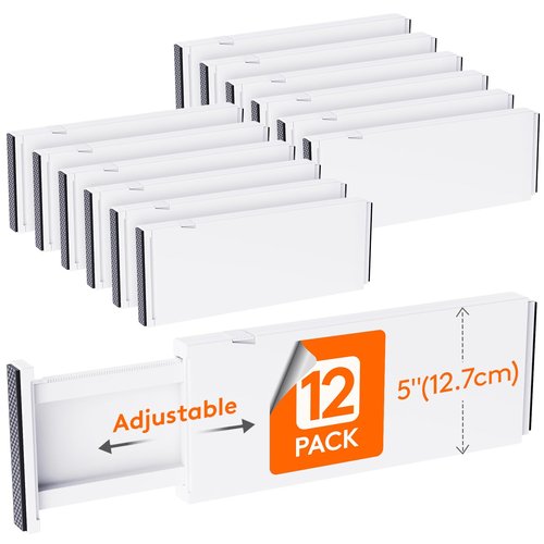 Lifewit 12 Pack 5" High Drawer Dividers 34-56cm/13.5-22" Adjustable Drawer Organizer for Clothes/Utensils, Expandable Drawer Separator in Dresser/Kitchen/Bedroom/Office Organization & Storage White