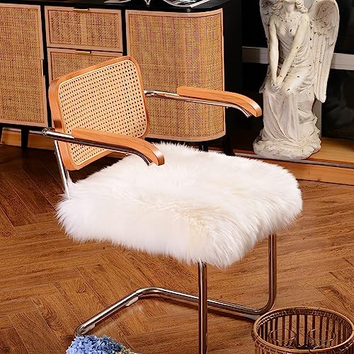 Genuine Sheepskin Chair Cushion, 18x18 Inch Non-Slip Wool Seat Pad, Ivory