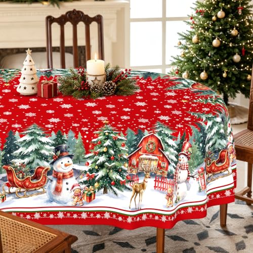 Oval 60x120in Red Snowflake Christmas Tablecloth - Tree, Santa & Gingerbread Design