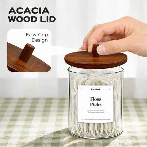 Glass Qtip Holder Dispenser Set | 15oz & 10oz Cotton Swab Storage with Acacia Wooden Lids