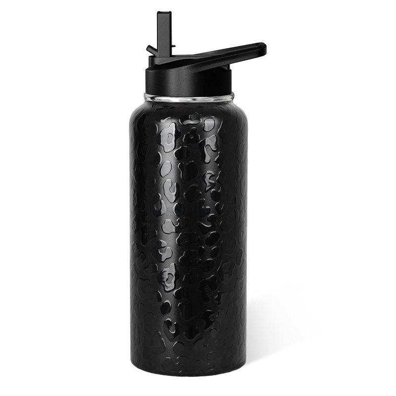 Leopard Print Water Bottle 32oz Vacuum Insulated Black Cheetah Water Bottles with Straw Lid Gifts for Women Men Leopard Print Stuff Accessories Stainless Steel Thermoses