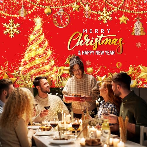 Tiamon Merry Christmas Backdrop 72.8 x 43.3 in Red Gold with White Rope
