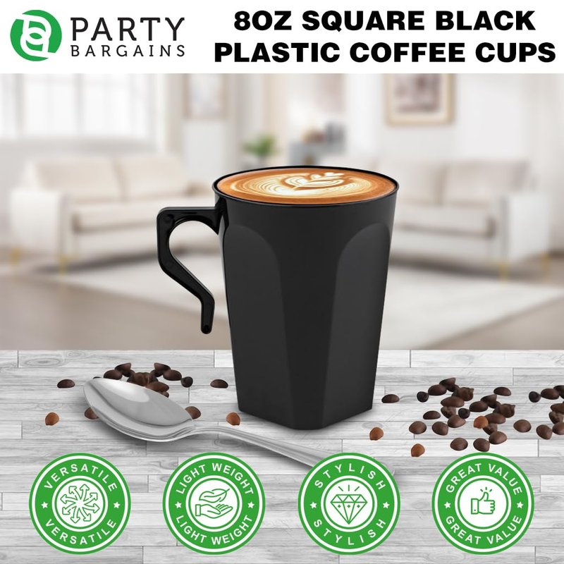 PARTY BARGAINS 8oz Disposable Plastic Coffee Cups with Handles, Ivory with Gold Band, 32 Count, Elegant Round Tea & Hot Beverage Cups for Weddings, Catering & Events