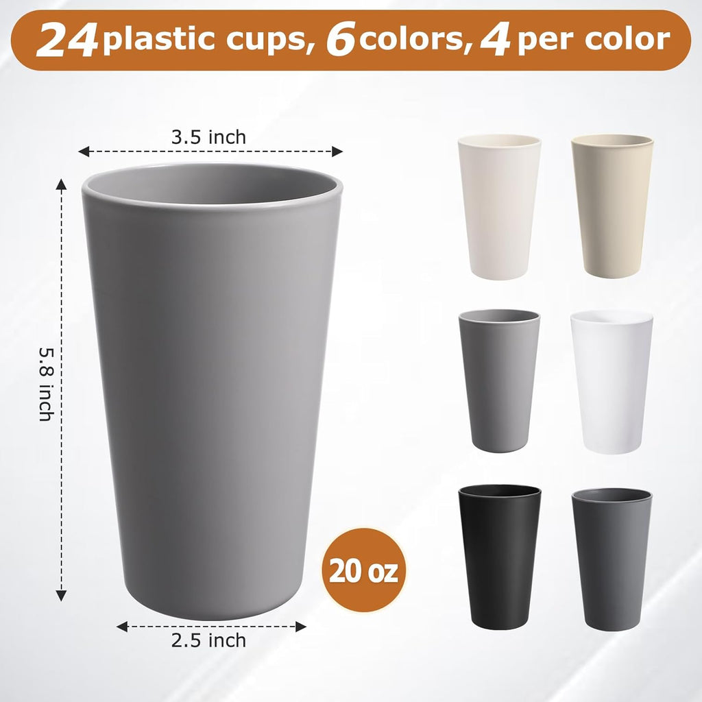 Skiennix 24 Pcs Unbreakable Plastic Cups Set - 20 Oz Reusable Stackable Tumblers | BPA-Free, Dishwasher Safe