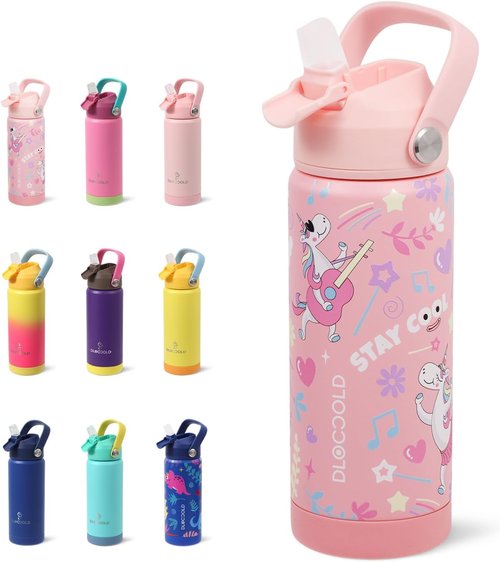 DLOCCOLD Kids Insulated Water Bottle - Leak Proof Straw Lid, Double Wall Stainless Steel, Travel Tumbler