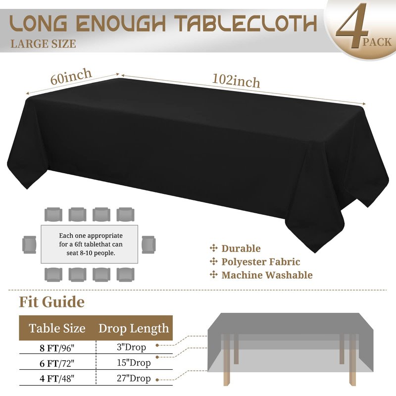 Showgeous 8 Pack Black Round Tablecloth 120 Inch Polyester Table Cloth for Tables - Washable Decorative Fabric Covers for Wedding, Dining, Party, Banquet, Buffet