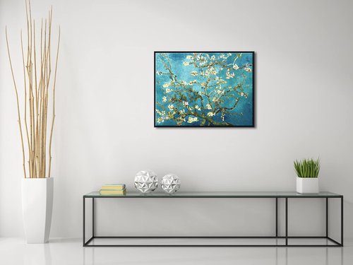 Pyradecor Large Black Framed Canvas Wall Art Almond Blossom Famous Oil Paintings Reproduction Canvas Prints by Van Gogh for Home Office Decorations