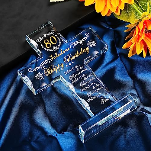 80th Birthday Glass Cross Keepsake, Engraved Religious Gift for Men and Women