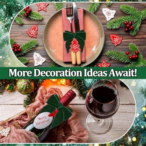ANPHSIN Green Velvet Bow Christmas Napkin Rings Set of 6 Holiday Table Decorations