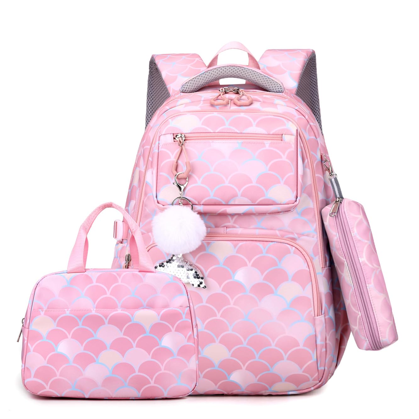 EKUIZAI 3PCS Mermaid Backpack for Girls Fish Scale Print Primary Bookbags set Girls Backpack with Lunch Box