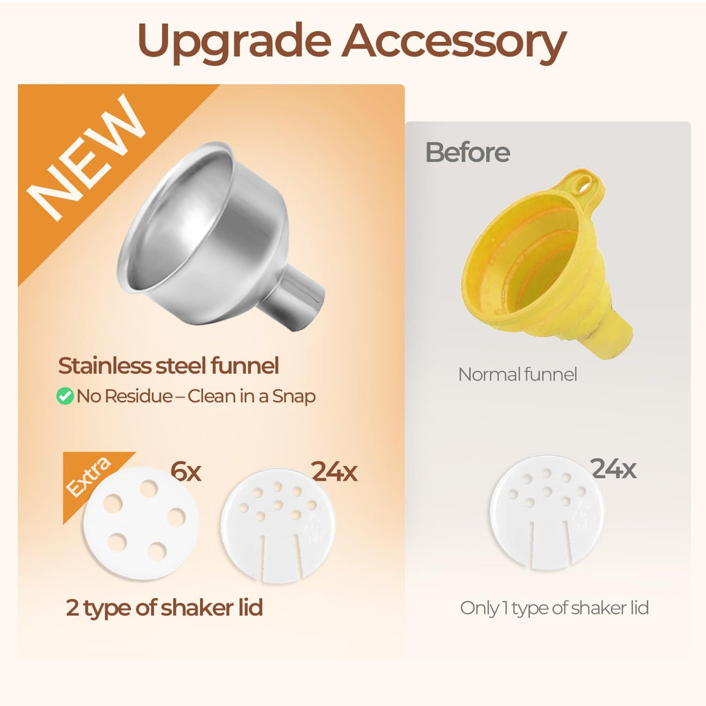 ComSaf Spice Jars with Label 4 oz 24Pcs, Glass Spice Jars with 6 Extra Shaker Inserts and 93 Labels, Seasoning Set with Bamboo Lids and Metal Funnel, Square Containers for Organization, Salt, Pepper