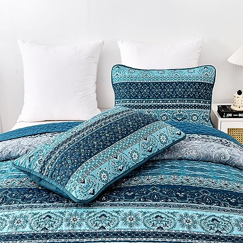 Boho King Quilt Bedding Set - 3 Piece Soft Bedspread, Blue