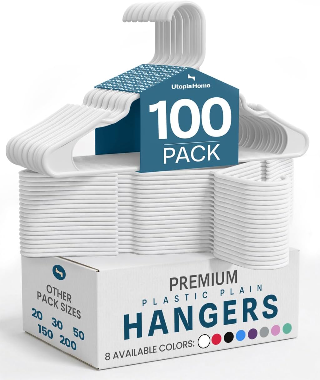 Utopia Home Plastic Hangers 100 Pack - Durable Space-Saving Clothes Hangers - White Closet Organizers