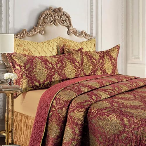 Loom and Mill King Damask Quilt Set - Classic Red Bedding, 3-Piece