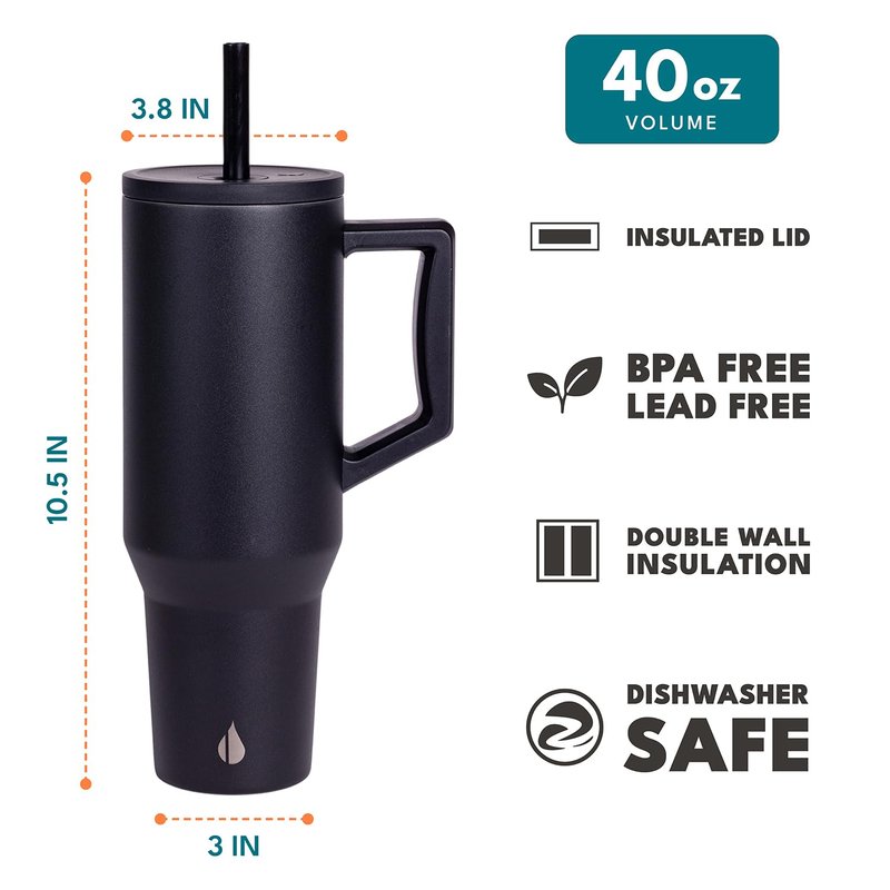 Elemental 40 oz Tumbler with Handle and Straw - Spill Proof Insulated Stainless Steel Commuter for Cold Beverages - Travel Coffee Mug with 2 Straws & Spill Proof Lid - 40oz - Black