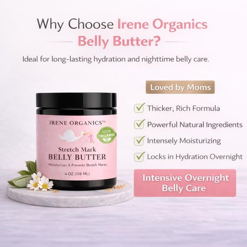 Irene Organics Organic Belly Butter - Award-Winning Stretch Mark Prevention & Treatment 4oz | Hydrating Tummy Balm