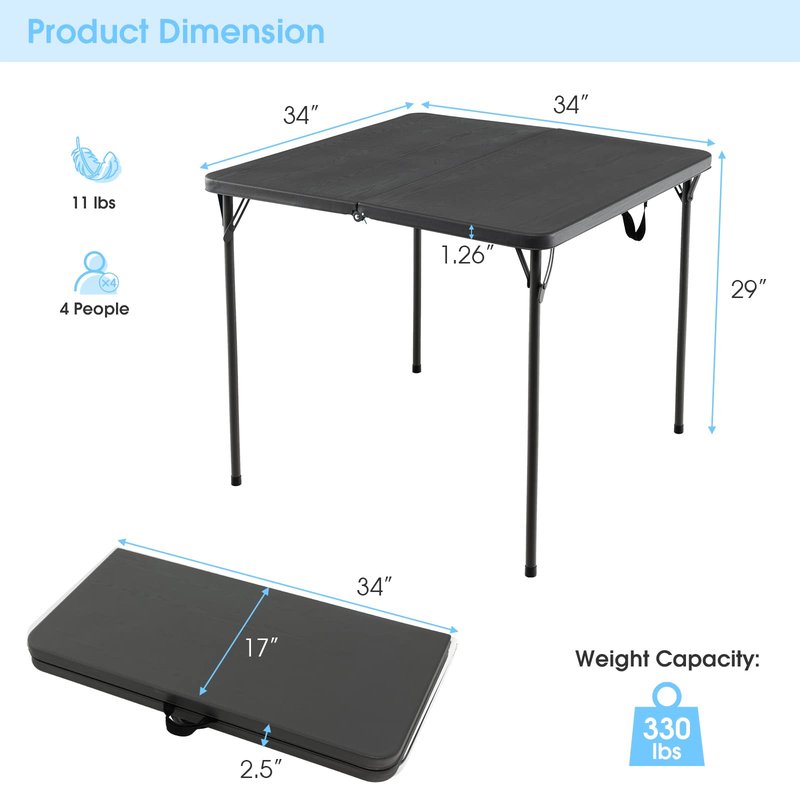 Goplus 34" Square Folding Card Table, Portable Plastic Utility Folding Tables with Collapsible Legs & Carrying Handle, Indoor Outdoor for Picnic, Party, Dining, Camping, BBQ, Grey