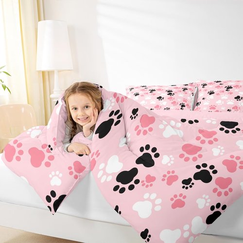 Feelyou Kids Dog Comforter Set - Twin Size, Kawaii Dog Animals Print Bedding Set - Pink, White, Black Duvet & Quilt Set (2Pcs)