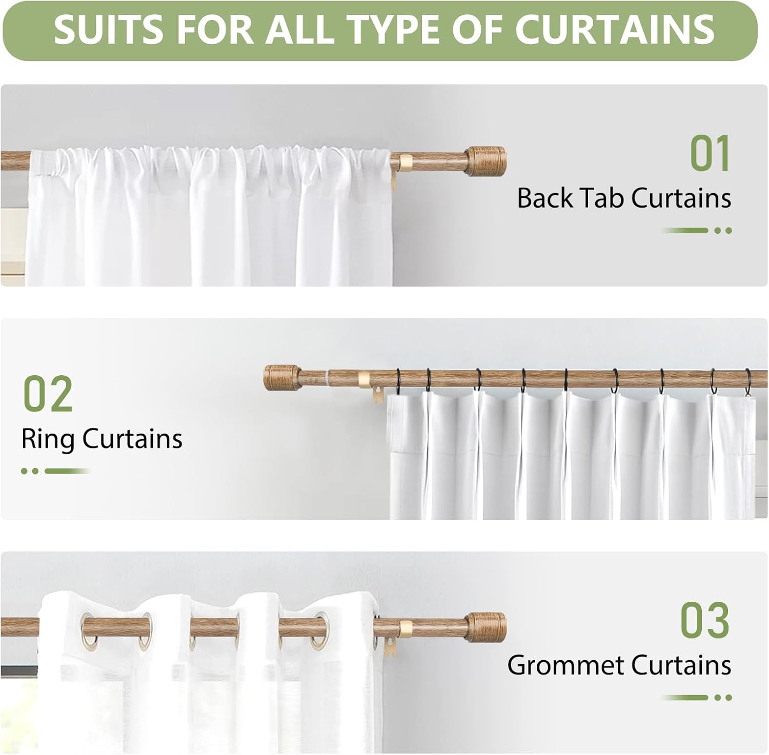 Regine Switzerland Adjustable Wood Grain Curtain Rods - 30-60 Inch for 30-54 Inch Windows | 2 Pack