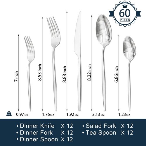 KINGSTONE 60-Piece Silverware Set | Premium 18/10 Stainless Steel Flatware for Home & Weddings
