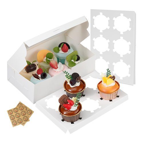 fwipiyo 50 Packs Cupcake Boxes,9.4x6.1x3.14 Inches 6 Count Cupcake Box,White Cupcake Containers with Clear Window and Six Treat Holder,Pastry and Cookie Boxes,Bakery Boxes