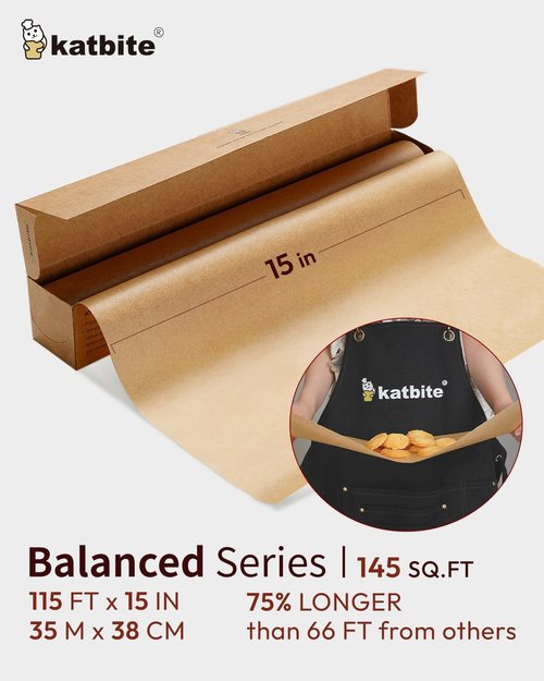Katbite Parchment Paper Roll - 15in x 115ft Unbleached Non-Stick Baking Paper with Serrated Cutter