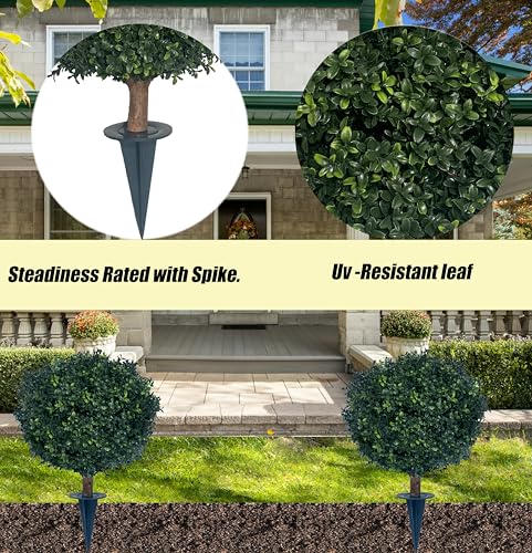 27-Inch Artificial Boxwood Ball Bush with Spike, UV-Resistant 2-Pack