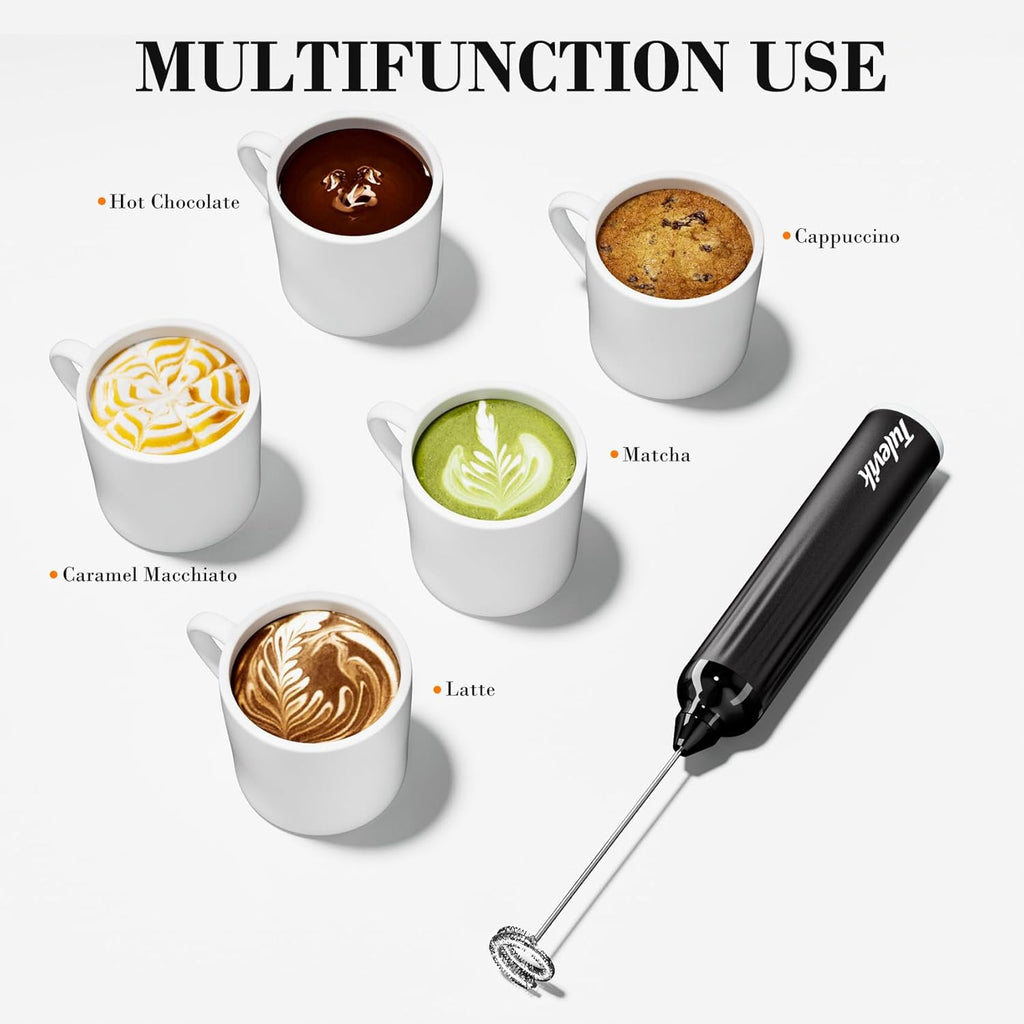 Skiennix Electric Milk Frother - Handheld USB Rechargeable Wand with 3 Speeds for Coffee, Latte, Cappuccino, Hot Chocolate - Black