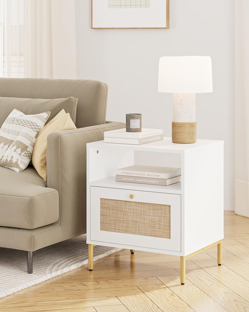 Apetaccat Extra Large Nightstand Rattan Night Stand, Modern Side Table Boho Farmhouse Wood Bedside Table with Storage Drawer and Open Shelf,Large End Table for Bedroom,Living Room,Office(White)