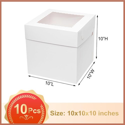 Mcfleet 10-Inch Cake Boxes - 10 Pack Tall Bakery Containers with Window | Disposable White Cardboard for Events