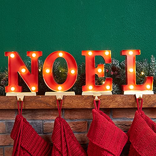 Red Noel Christmas Stocking Holders Set of 4 - Decorative Metal & Wooden Hangers for Fireplace Mantel