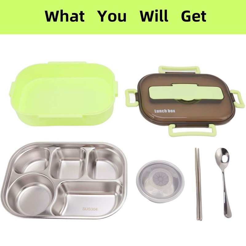 Insulated Lunch Boxes with a separate soup bowl,Stainless Steel Bento Box with Lid,4‑Grid Portable Box with Spoons,Chopsticks and Lunch Bag,Leakproof Lunchbox Set for Work Travel Camping (Green, 1.5L)