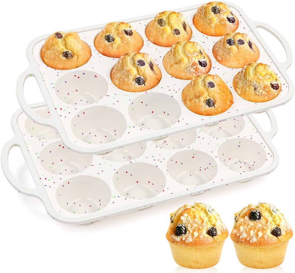 Skiennix Silicone Muffin Pans - Nonstick 12-Cup Baking Tray with Metal Reinforced Frame | BPA Free, Dishwasher Safe