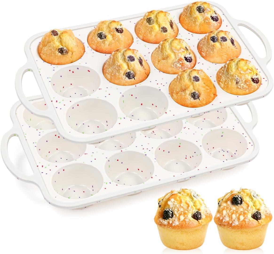 Skiennix Silicone Muffin Pans - Nonstick 12-Cup Baking Tray with Metal Reinforced Frame | BPA Free, Dishwasher Safe