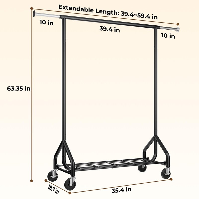 HYSEYY Heavy-Duty 450LBS Capacity Metal Clothes Rack，Rolling Clothing Rack with Wheels & Shelves, Portable Standing Wardrobe Rack for Hanging Clothes, Black (Black, L)