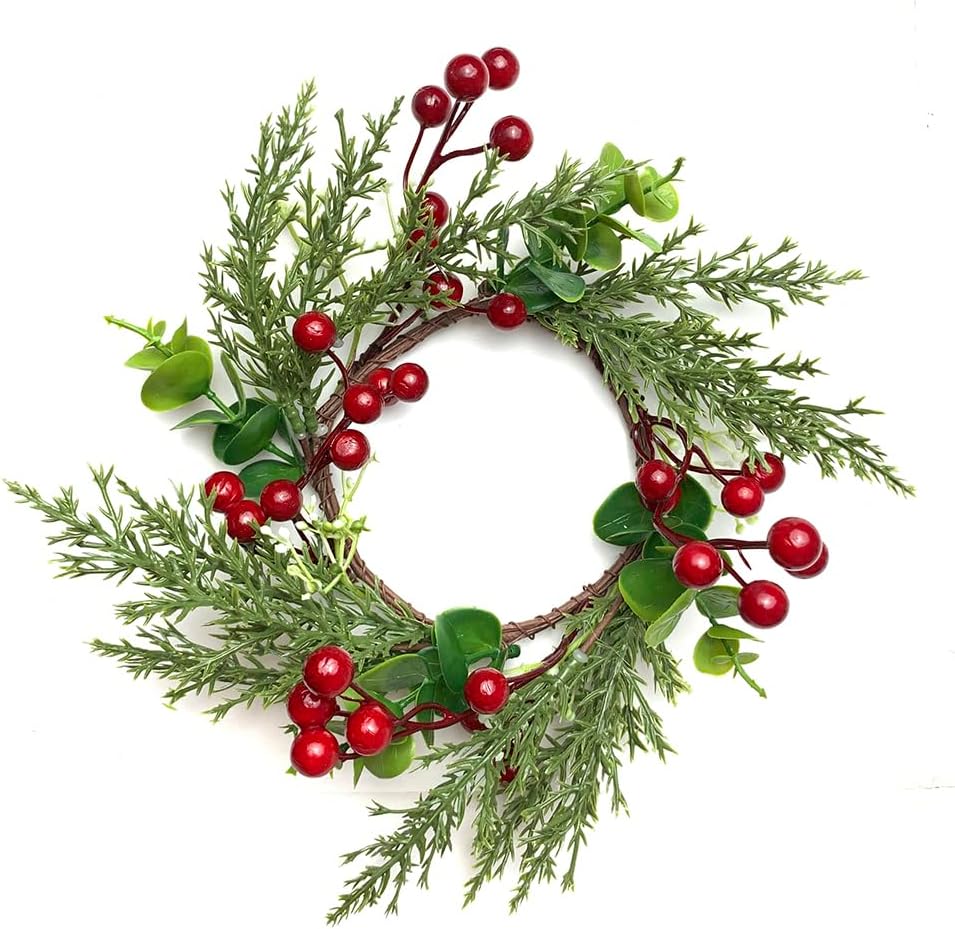 Skiennix Christmas Candle Rings - 4 Inch Rustic Wreaths with Red Berries & Pine Needles | Perfect Table Centerpiece Decor