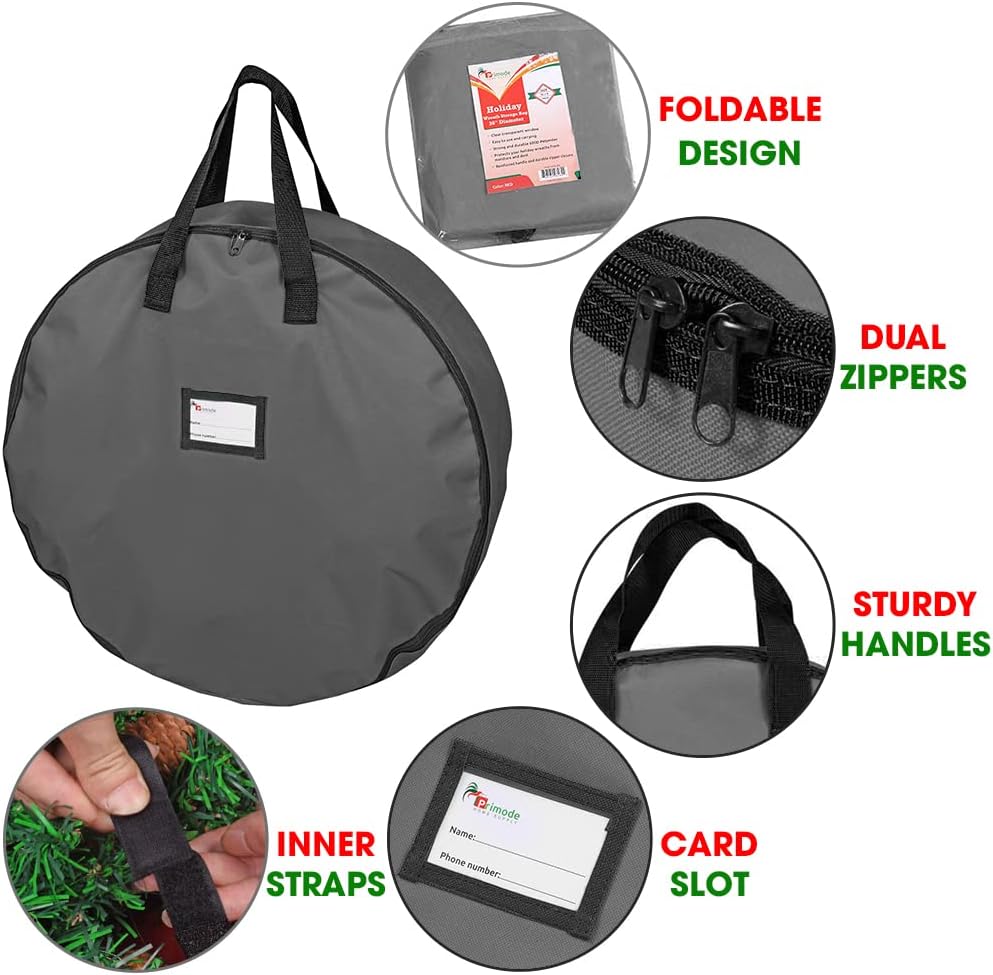 Primode Heavy Duty Wreath Storage Bag - 36" Durable Oxford Polyester Container with Handles (Gray)