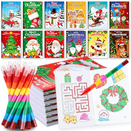BenLouis Christmas Mini Coloring Books with 12 Stacking Crayons - Holiday Kids Activity Pack