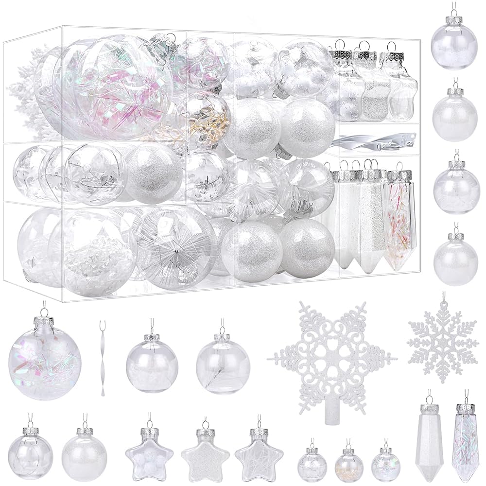 SHareconn 86PCS Christmas Balls Ornaments Set,Shatterproof Plastic Clear Decorative Baubles for Xmas Tree Decor Holiday Wedding Party Decoration, White