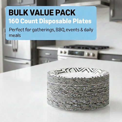 Decorative Paper Plates by [Brand Name] - 9 Inch, Soak Proof & Microwave Safe - 160 Count Bulk Pack for Parties & Everyday Use