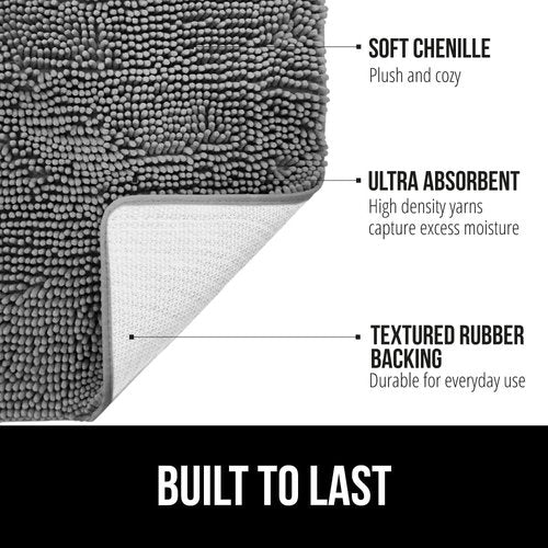 GORILLA GRIP Bath Rug Mat & Mesh Bath Pillow Bundle - Soft Absorbent Chenille, Gray & White, 2 Items