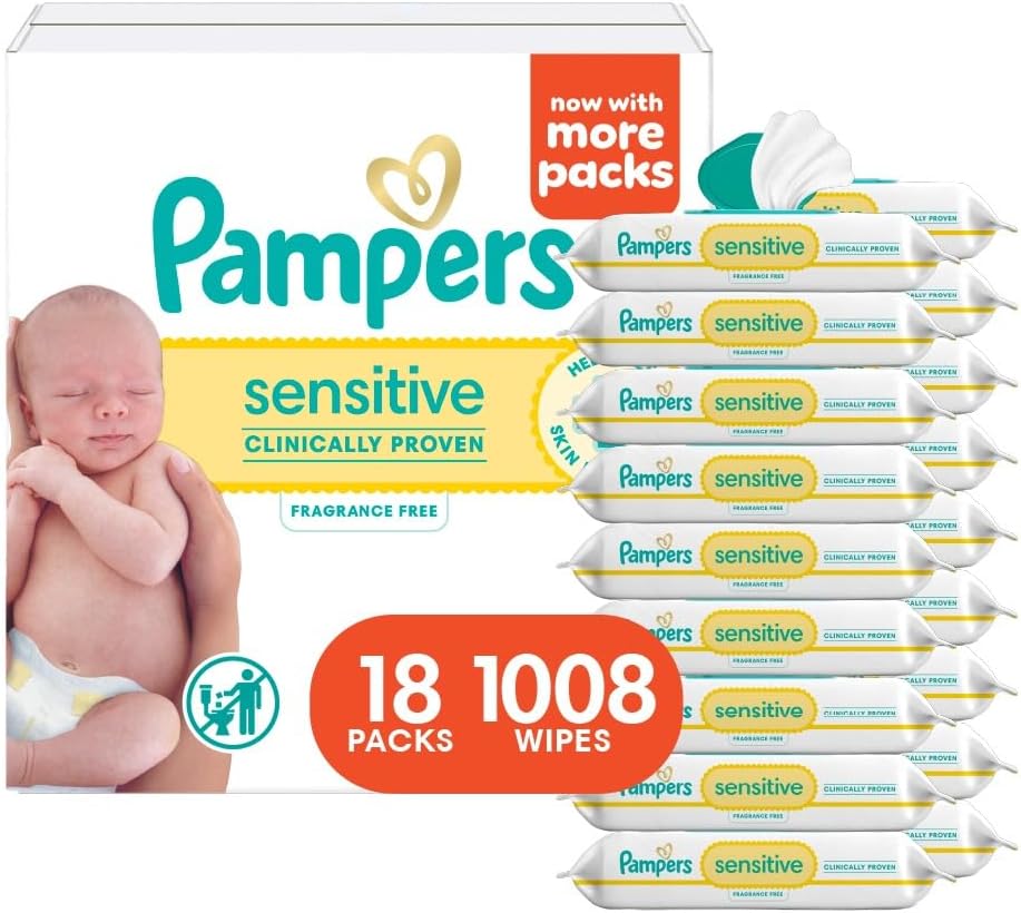 Pampers Sensitive Baby Wipes - Hypoallergenic, Unscented, Water-Based | 18 Flip-Top Packs (1008 Wipes)