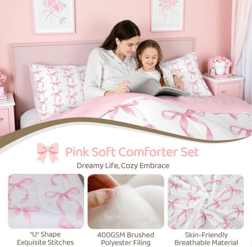 Erosebridal Twin Bedding Set - Cute Pink Bow Comforter with Ribbon Knot | Princess Room Decor, 1 Pillowcase