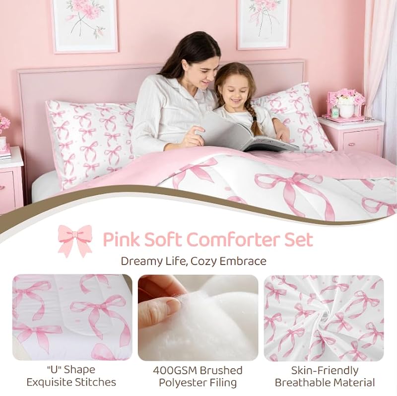 Twin Size Pink Bow Comforter Set, Cute Ribbon Bedding for Girls