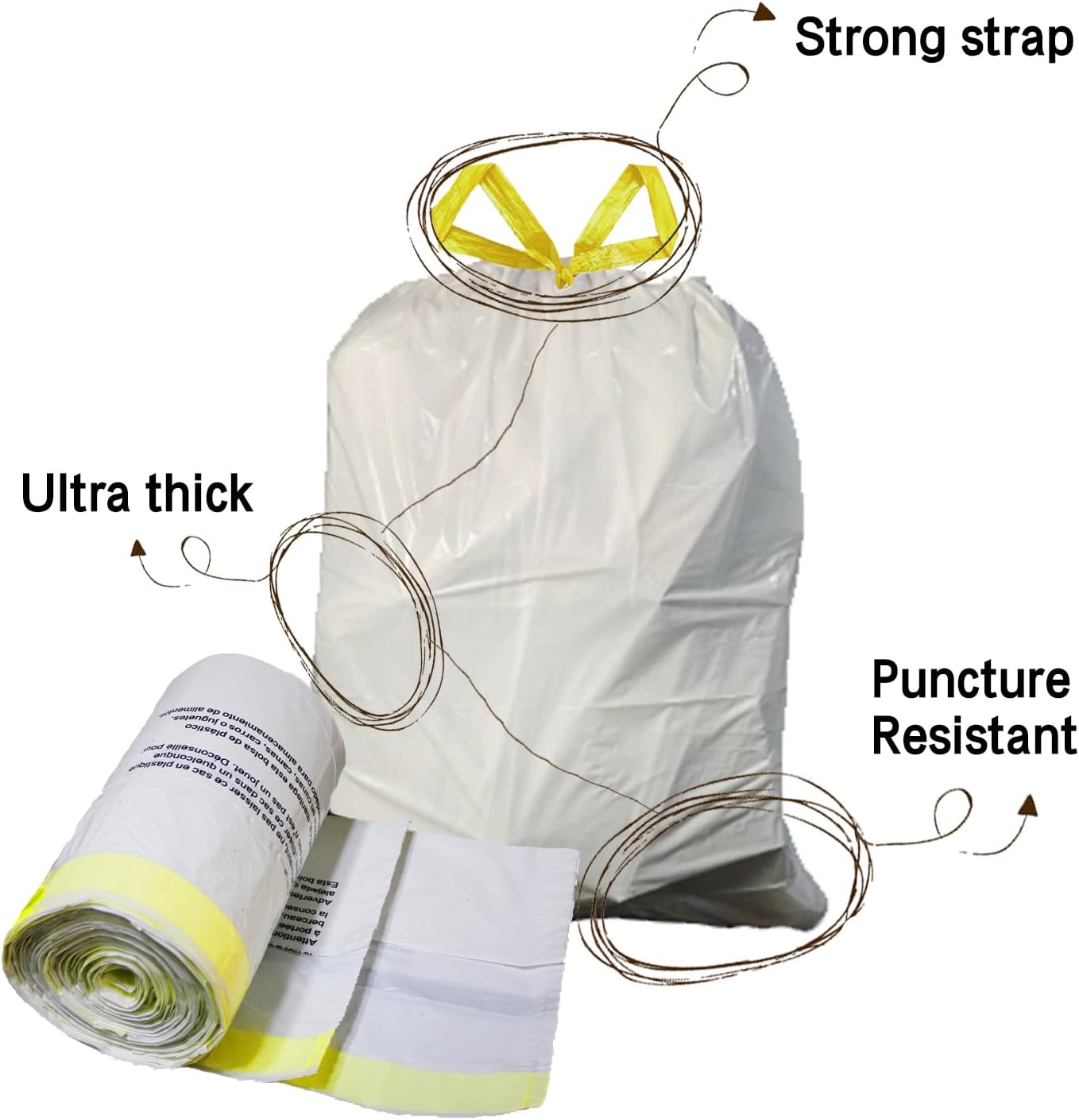 Strong Tall Kitchen Drawstring Trash Bags - 13 Gallon, Unscented, 50 Count | Durable Garbage Can Liners
