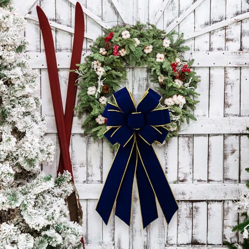 Vickasi Christmas Wreath Bowknot Navy Blue Velvet with Gold Edge - 11" x 21" Front Door Holiday Decor (Variation C)