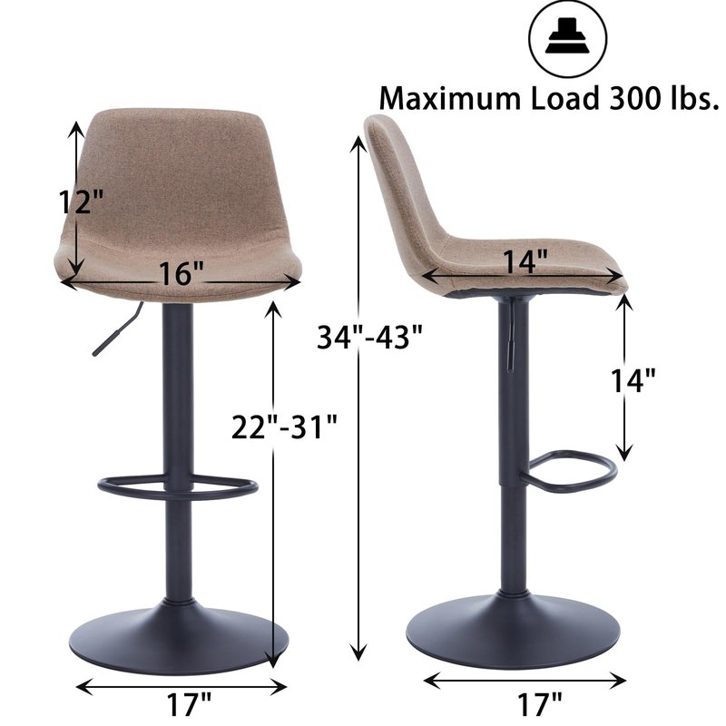 Whiterye Adjustable Swivel Bar Stools Set of 2, Modern Fabric Upholstered Barstools with Backs, Seat Adjustable Height 22-31IN, Bar Chairs with Foam Padded, Stools for Kitchen Counter (Brown).