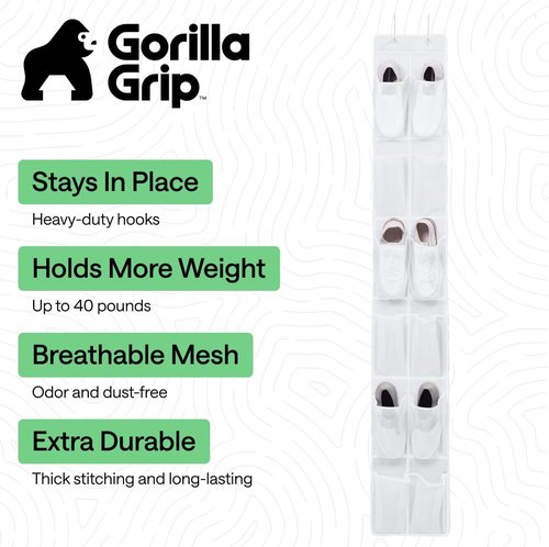 GORILLA GRIP Over The Door Shoe Organizer - 12 Large Breathable Mesh Pockets, Space-Saving Design, 64H x 9.5W, White