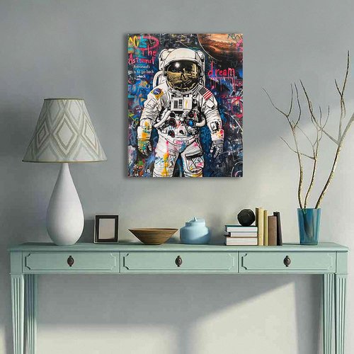 Ypxzzj Banksy Framed Graffiti Astronaut Canvas Wall Art Spaceman Posters Prints Pictures Wall Decor Modern Abstract Street Graffiti Painting Artwork for Living Room Home Decor Ready to Hang(36L" x 24W")