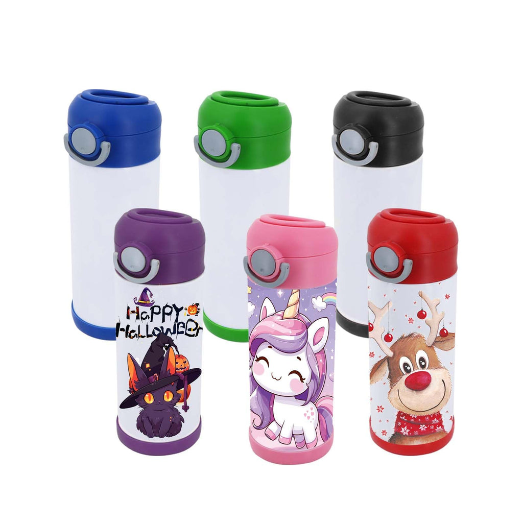 HIZEE 12 oz 6 Pack Sublimation Tumbler Straw Sippy Cup Blank with Straw and Lid,Mixed coloer Spill Proof Stainless Steel Thermos Water Bottles for School